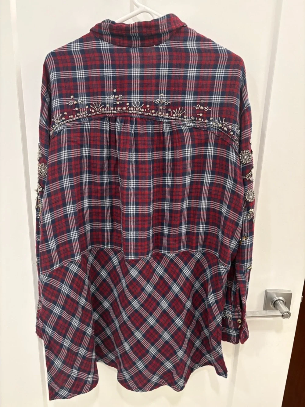 Free People Downtown Romance Red Blue Oversized Embellished Plaid Shirt Size L